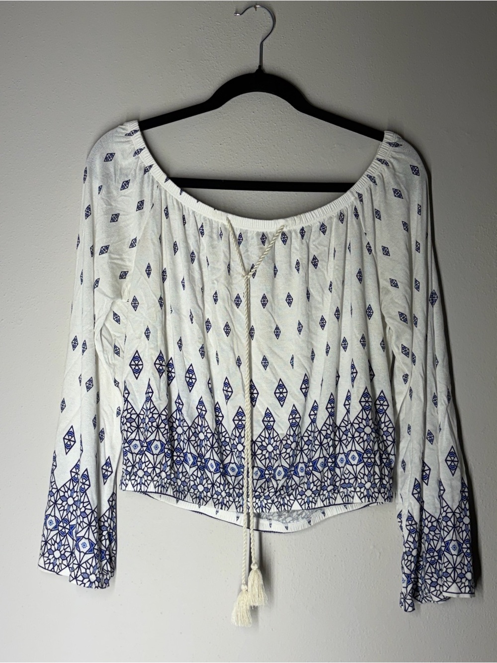 Boho White and Navy Embroidered Peasant Top